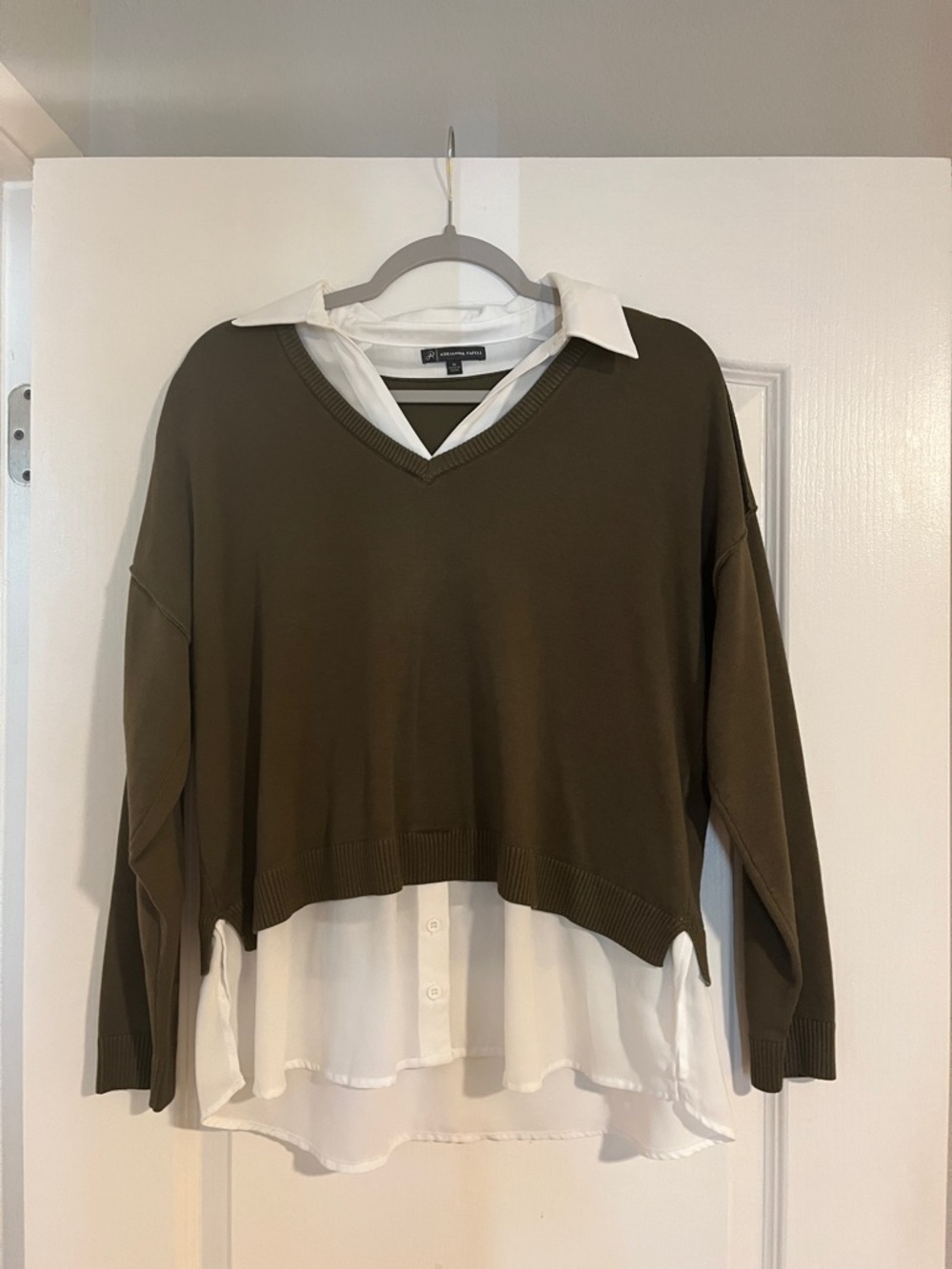Adrianna Papell Olive Green Layered V-Neck Sweater Blouse